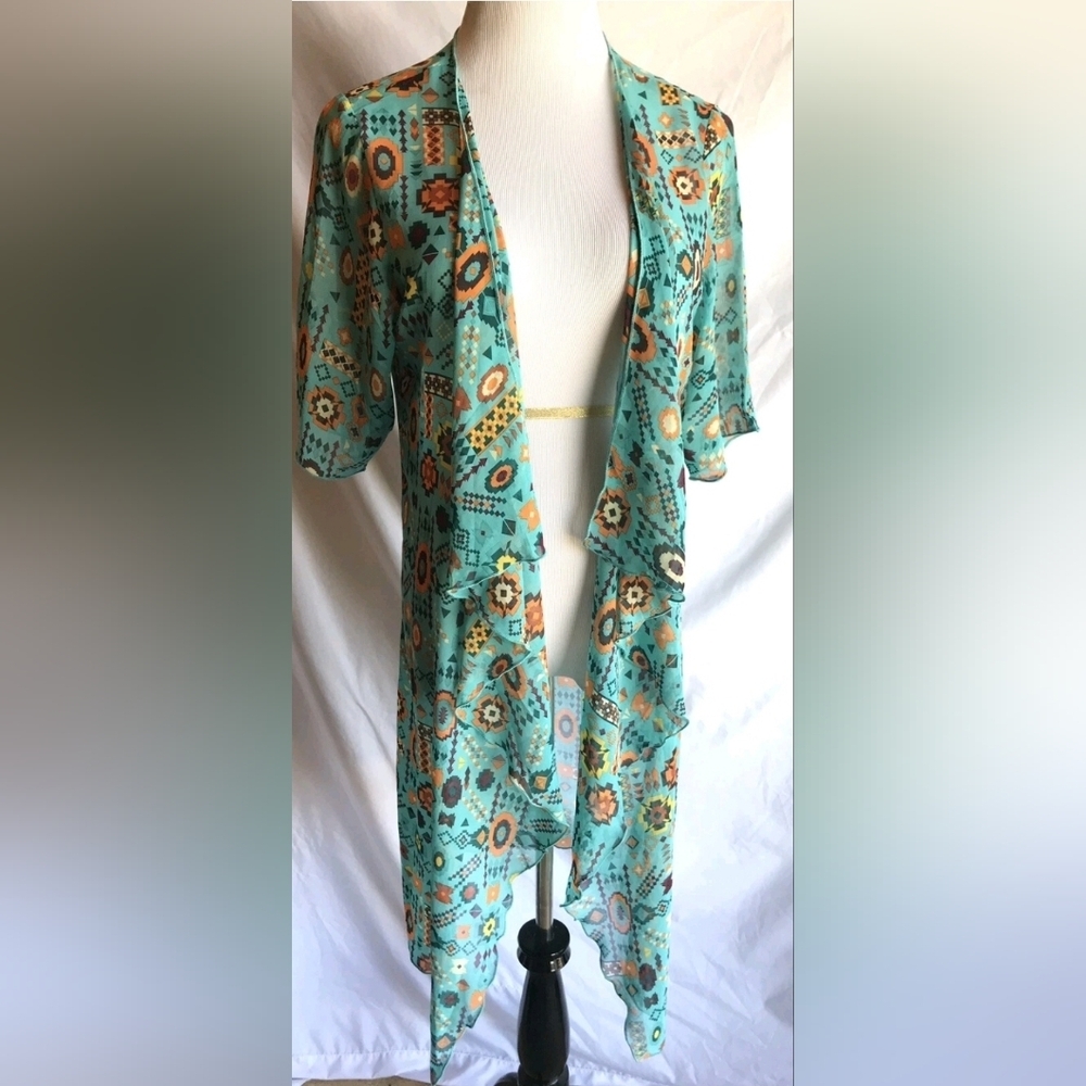 Lularoe Shirley Sheer Teal Multi-Colored Aztec Pattern SZ S UNICORN BeAuTiFuL